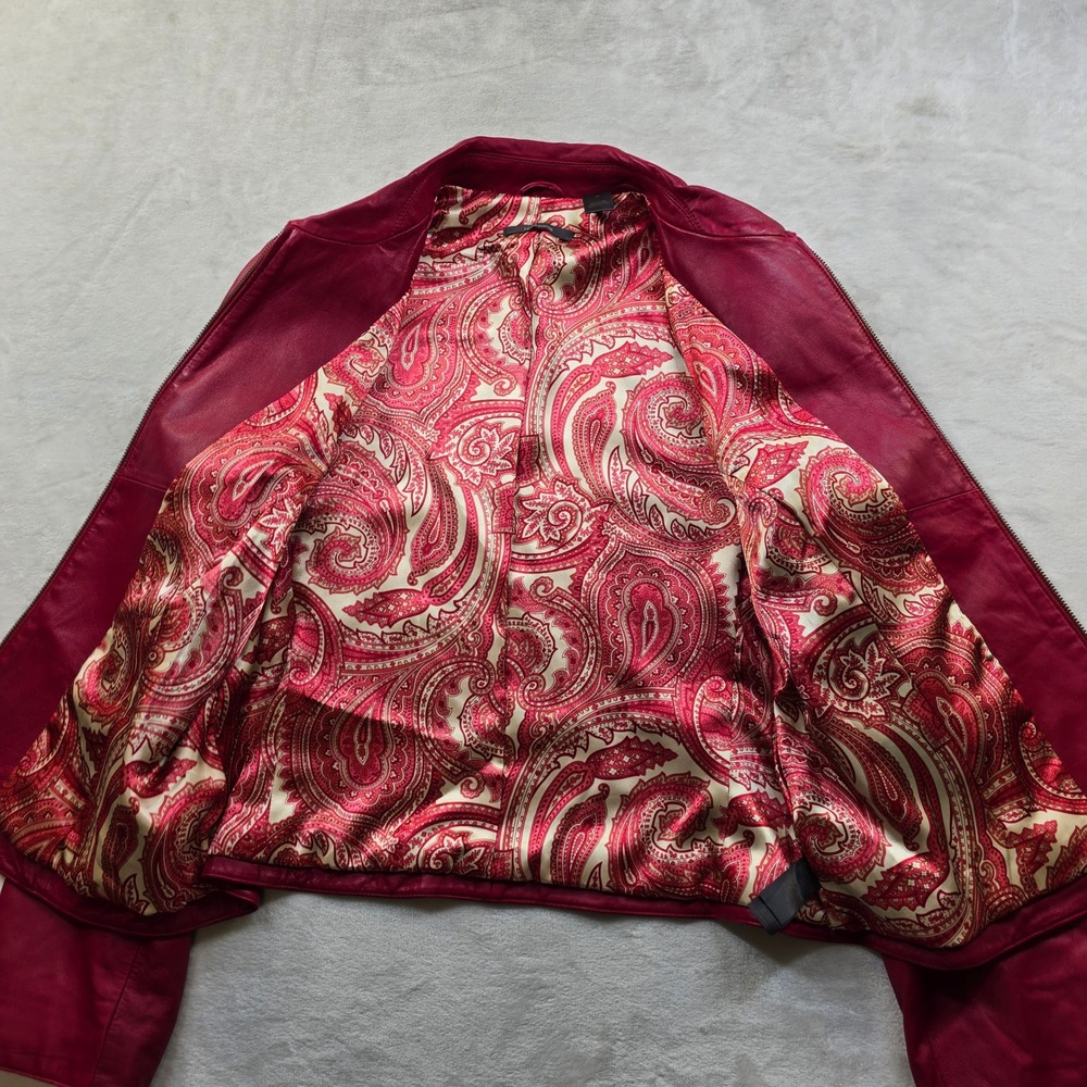 Liz Claiborne Leather‎ Jacket Women 16 Red Pink Paisley Lined Zip Front Coat - Picture 6 of 12